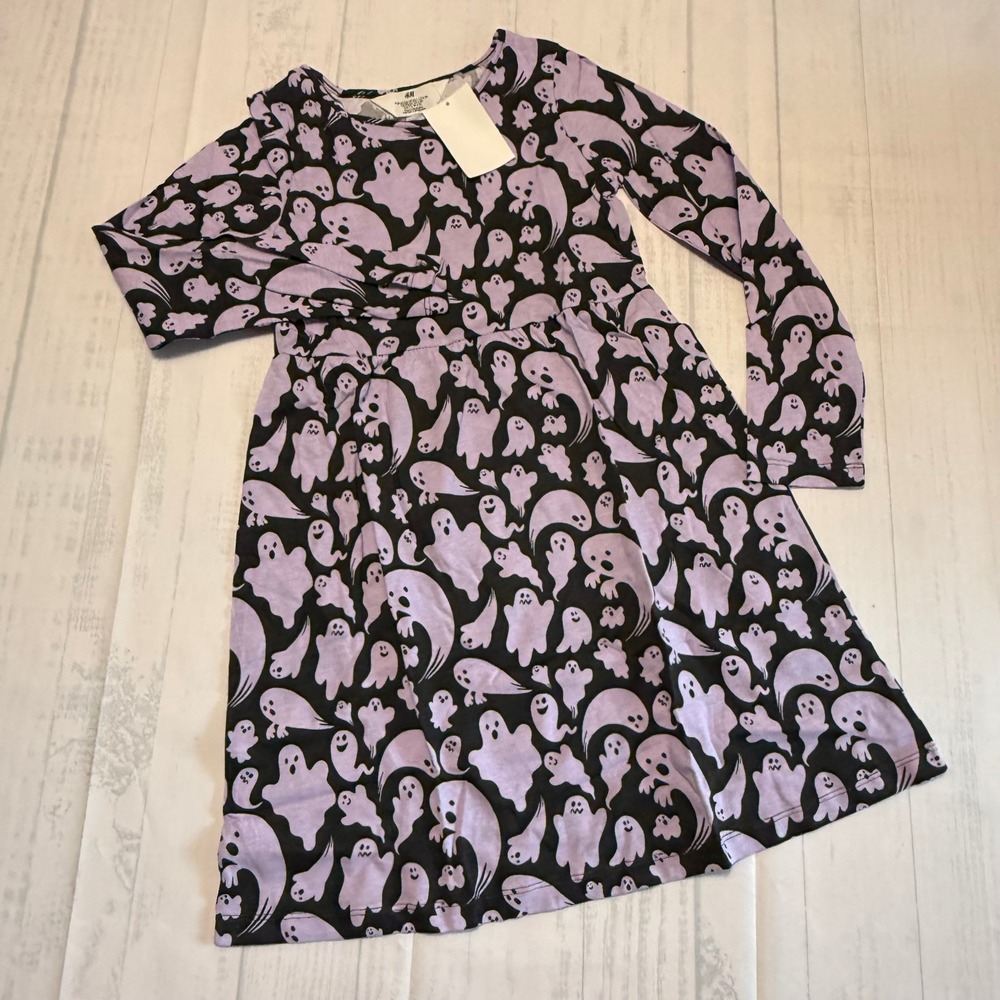 H&M Girls Ghost Print Long Sleeve Dress Black Purple Halloween Size 6X/7 NWT